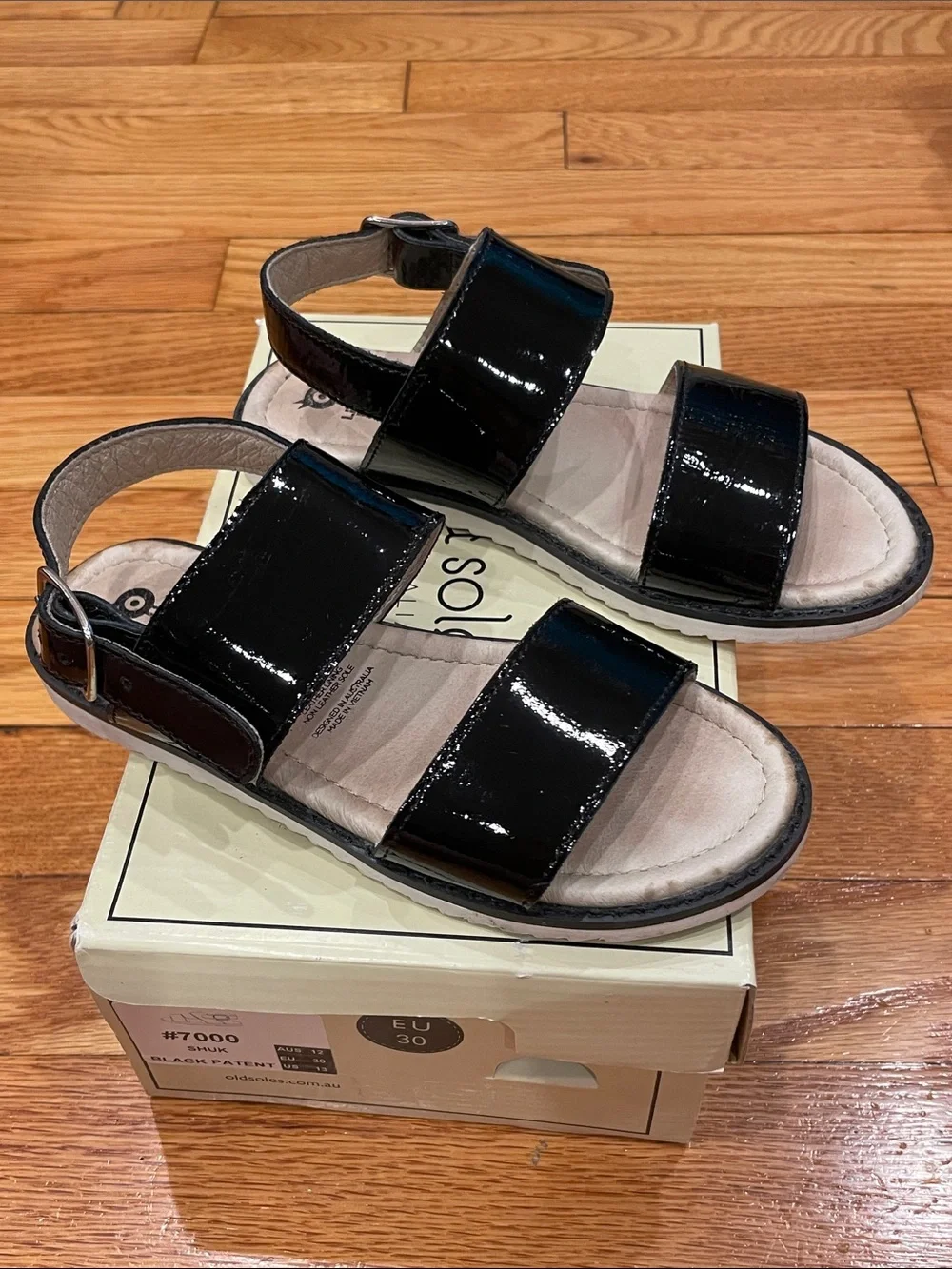 Old Soles Glossy Black Patent Leather Double-Strap Sandals EUC